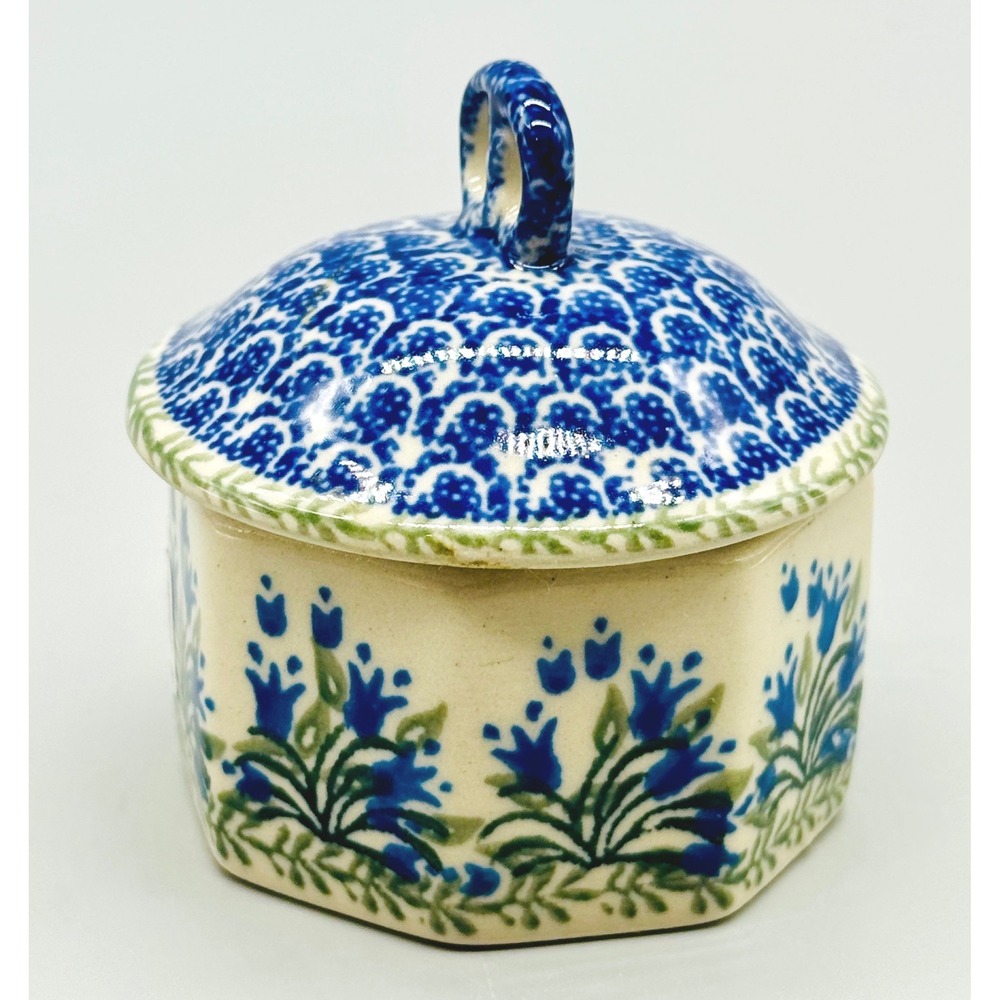 Polish Pottery Mini Pretzel Trinket Box Blue Tulips Octagon Ceramika Artystyczna - Picture 5 of 11